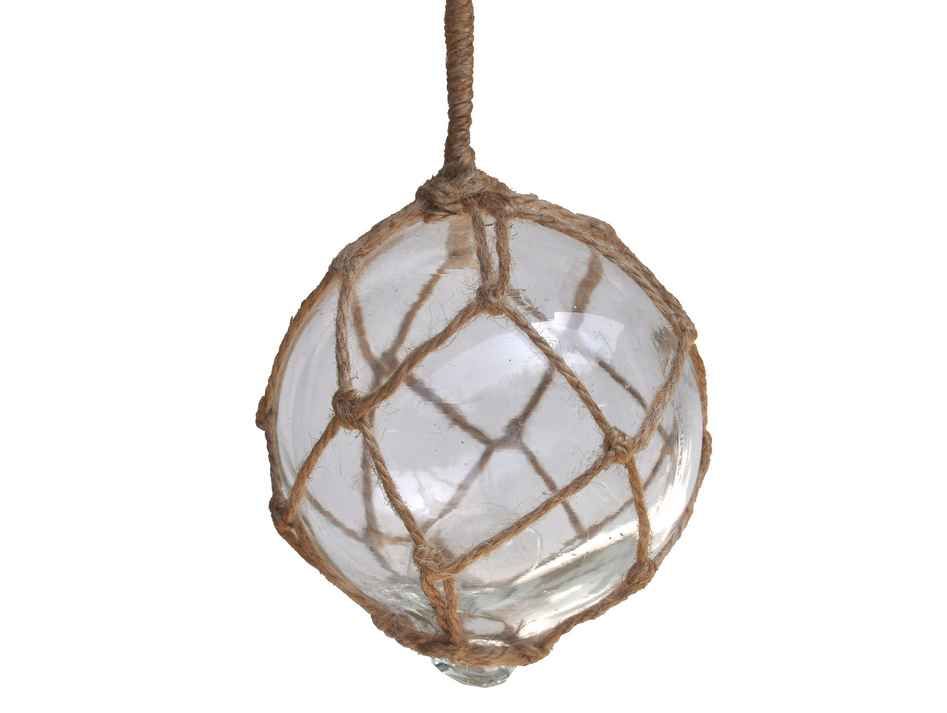 Clear Japanese Glass Ball Fishing Float With Brown Netting Decoration 4"