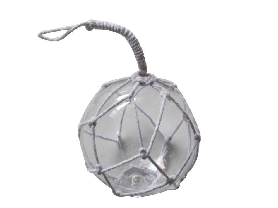 Clear Japanese Glass Ball Fishing Float With White Netting Decoration 4"
