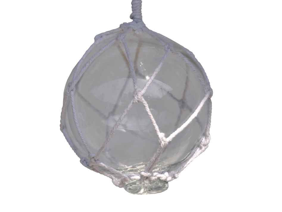 Clear Japanese Glass Ball Fishing Float With White Netting Decoration 4"
