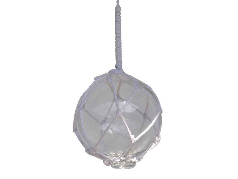 Clear Japanese Glass Ball Fishing Float With White Netting Decoration 4"