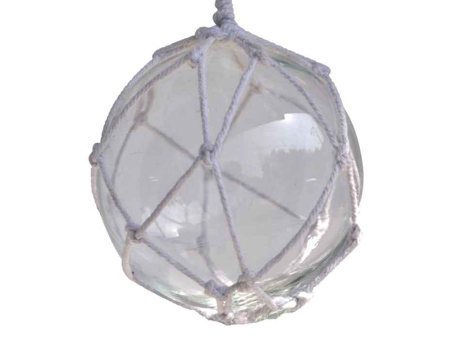 Clear Japanese Glass Ball Fishing Float With White Netting Decoration 4"