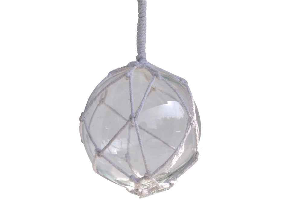 Clear Japanese Glass Ball Fishing Float With White Netting Decoration 4"