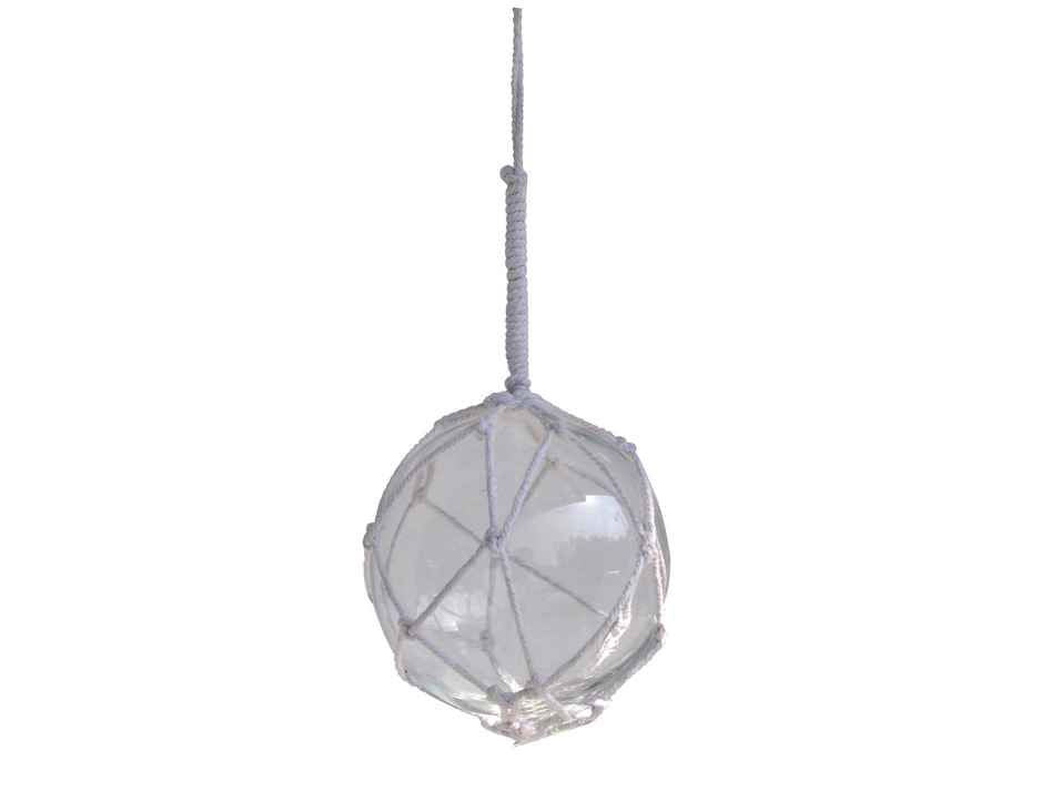 Clear Japanese Glass Ball Fishing Float With White Netting Decoration 4"