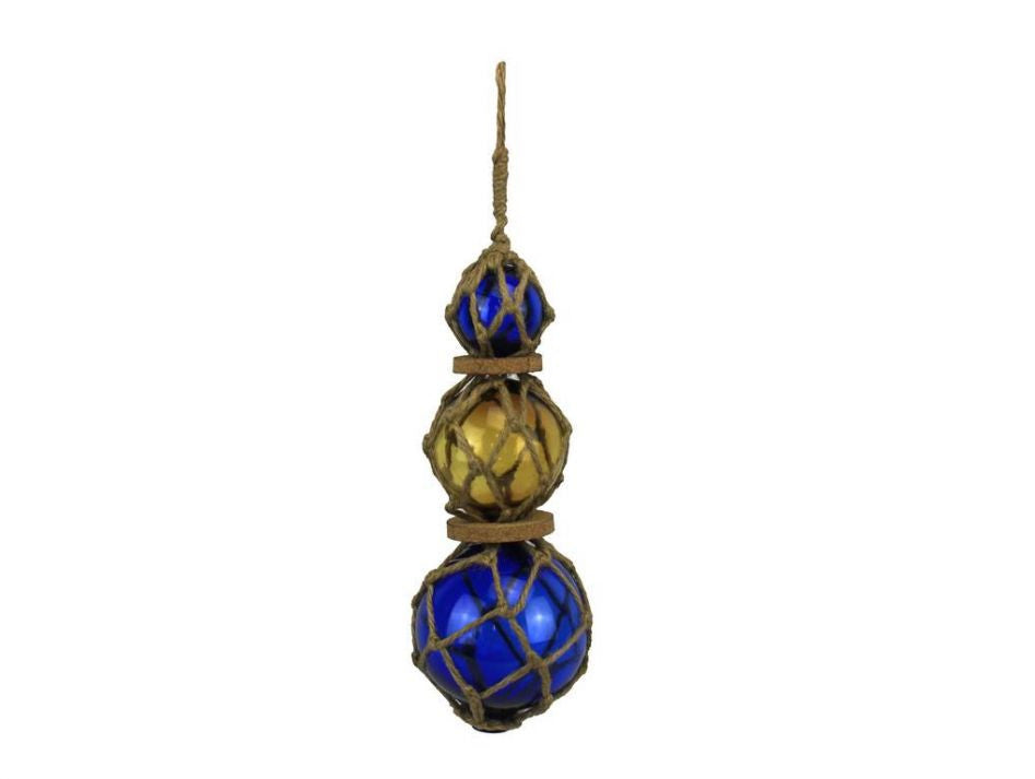 Blue - Amber - Blue Japanese Glass Ball Fishing Floats with Brown Netting Decoration 11"