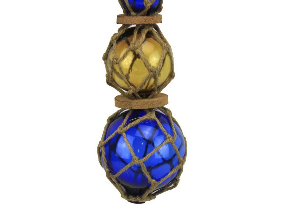 Blue - Amber - Blue Japanese Glass Ball Fishing Floats with Brown Netting Decoration 11"
