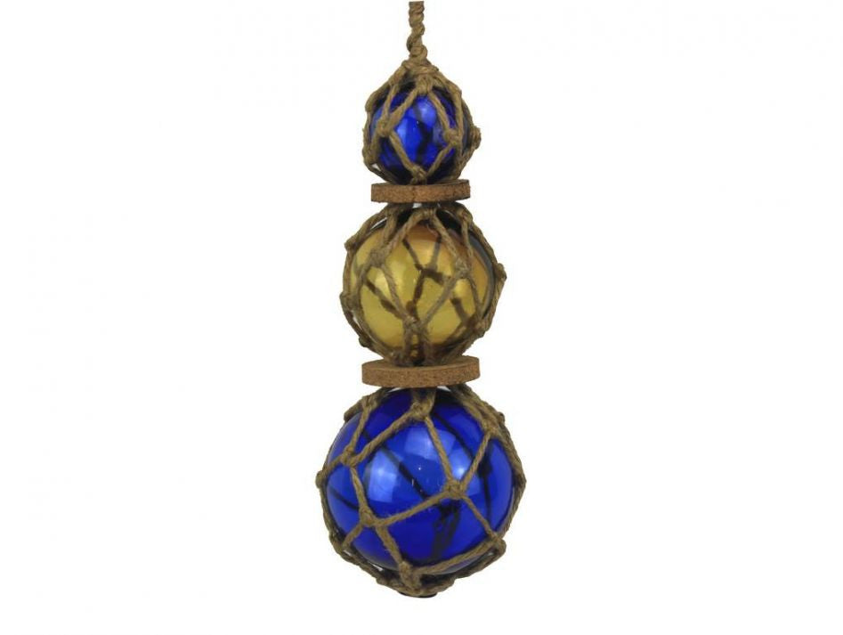 Blue - Amber - Blue Japanese Glass Ball Fishing Floats with Brown Netting Decoration 11"