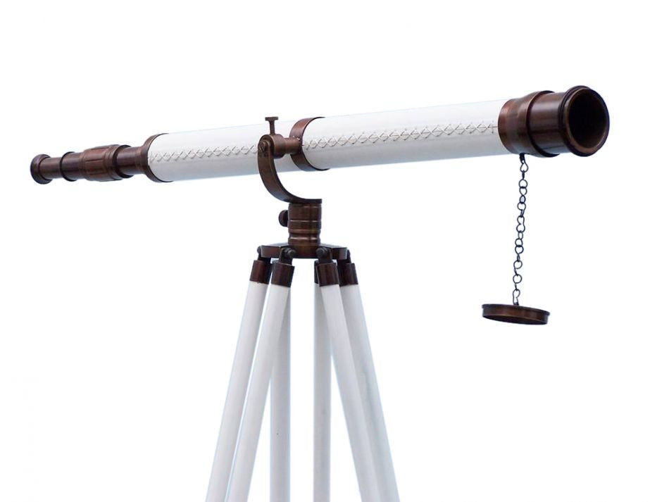 Floor Standing Bronzed With White Leather Galileo Telescope 65"