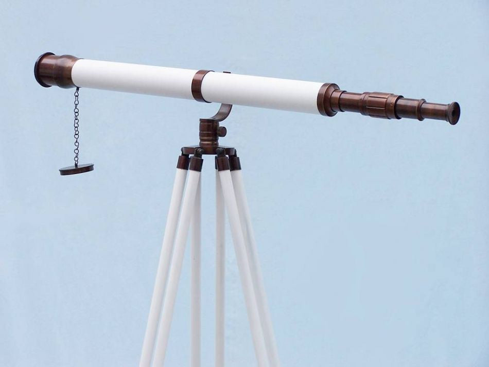 Floor Standing Bronzed With White Leather Galileo Telescope 65"