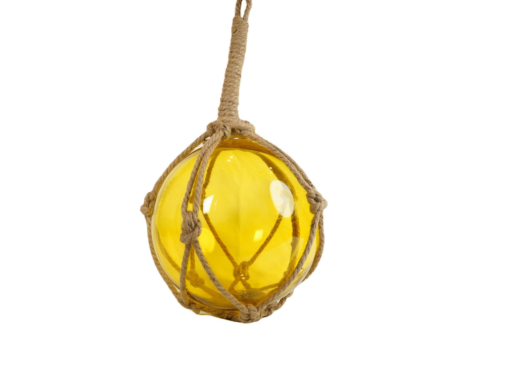 Yellow Japanese Glass Ball Fishing Float With Brown Netting Decoration 12""