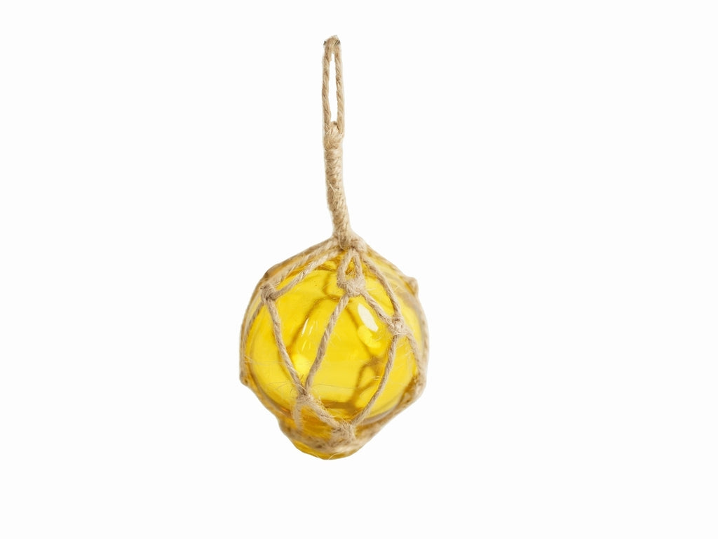 Yellow Japanese Glass Ball Fishing Float With Brown Netting Decoration 2"