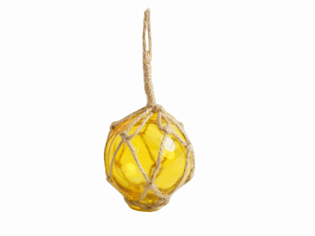 Yellow Japanese Glass Ball Fishing Float With Brown Netting Decoration 2"