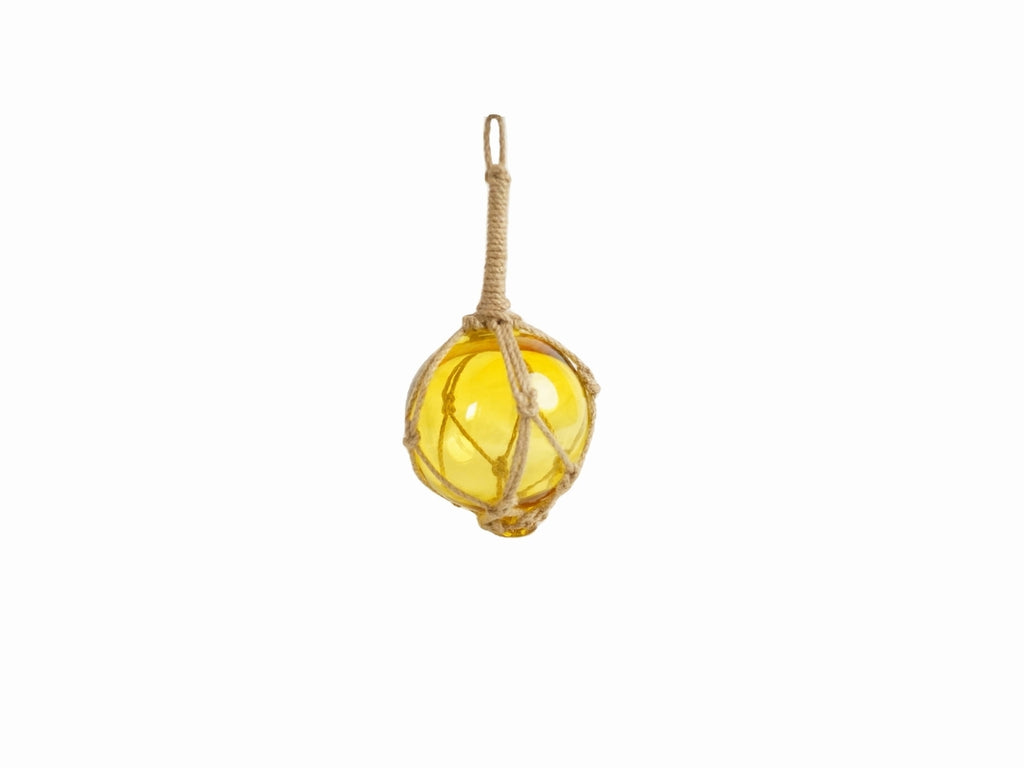 Yellow Japanese Glass Ball Fishing Float With Brown Netting Decoration 4"