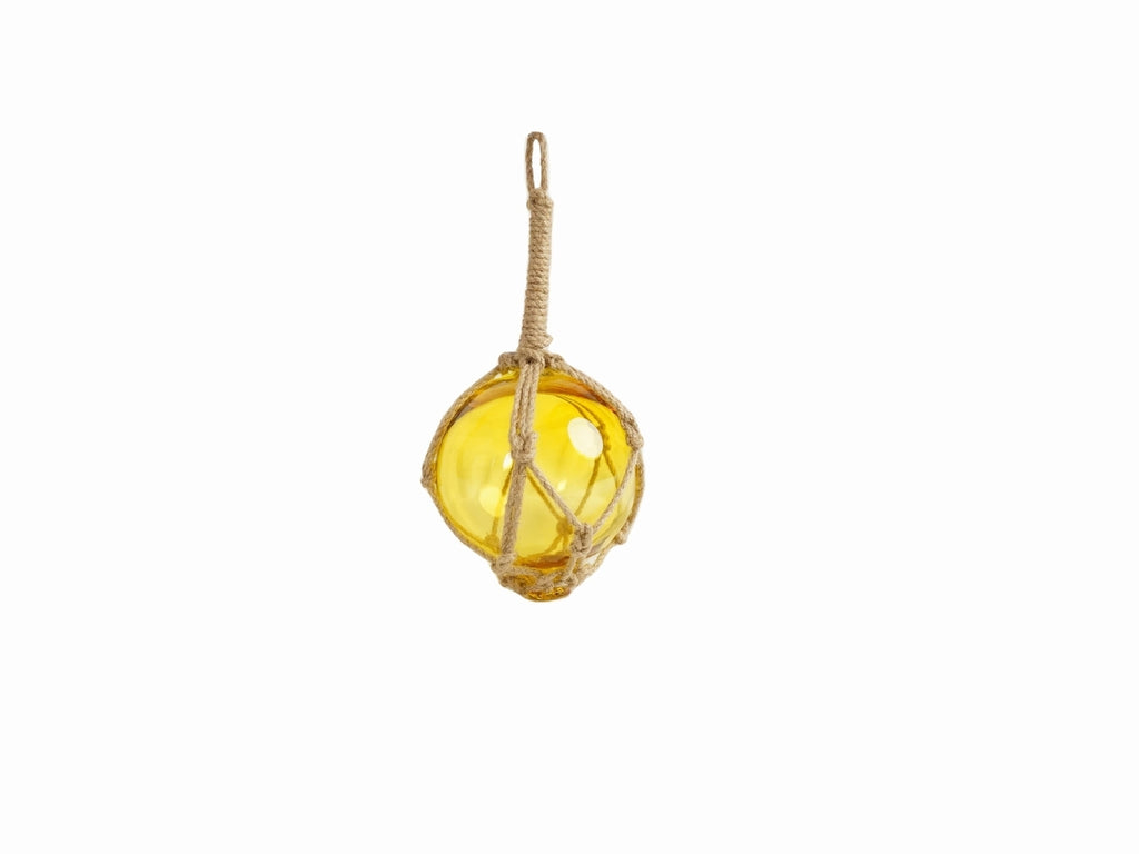 Yellow Japanese Glass Ball Fishing Float With Brown Netting Decoration 4"