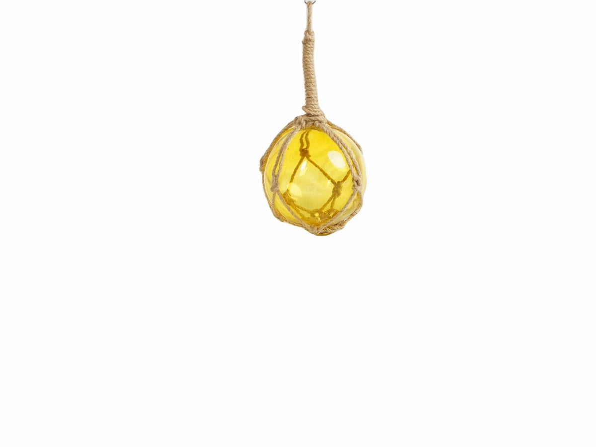 Yellow Japanese Glass Ball Fishing Float With Brown Netting Decoration 4"