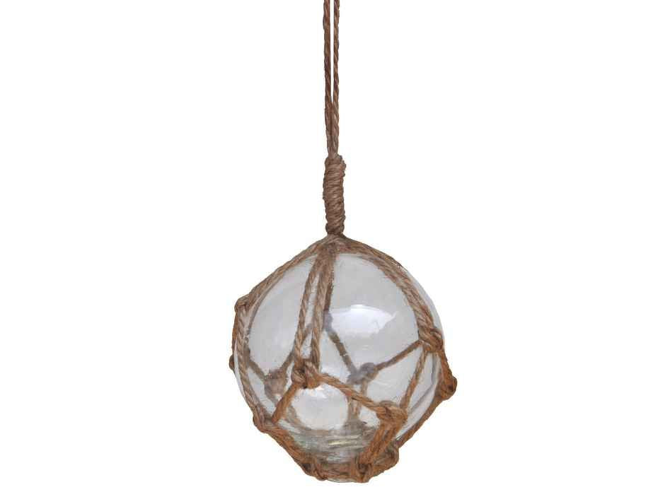 Clear Japanese Glass Ball Fishing Float With Brown Netting Decoration 3"