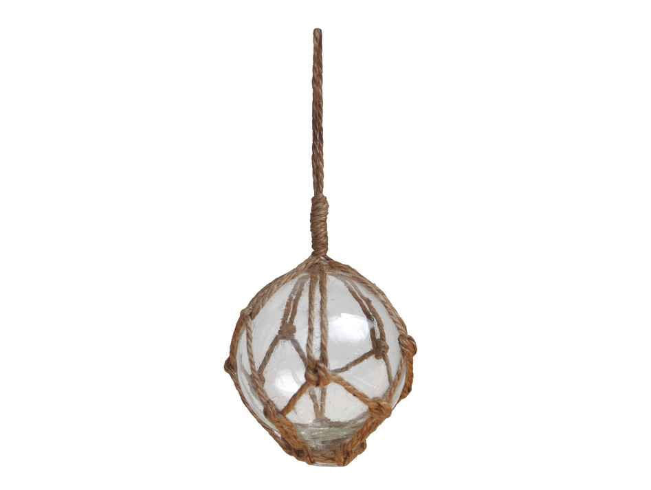 Clear Japanese Glass Ball Fishing Float With Brown Netting Decoration 3"