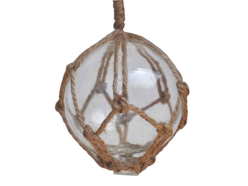 Clear Japanese Glass Ball Fishing Float With Brown Netting Decoration 3"