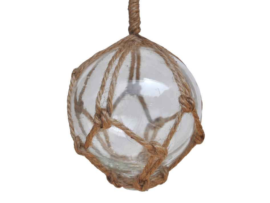 Clear Japanese Glass Ball Fishing Float With Brown Netting Decoration 3"