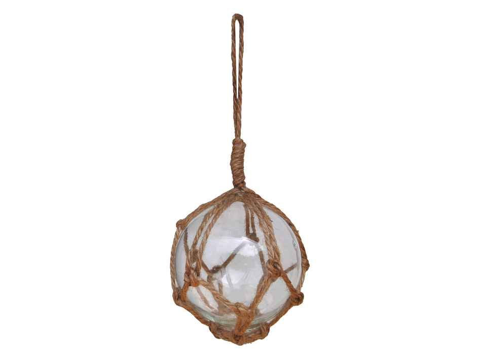 Clear Japanese Glass Ball Fishing Float With Brown Netting Decoration 3"
