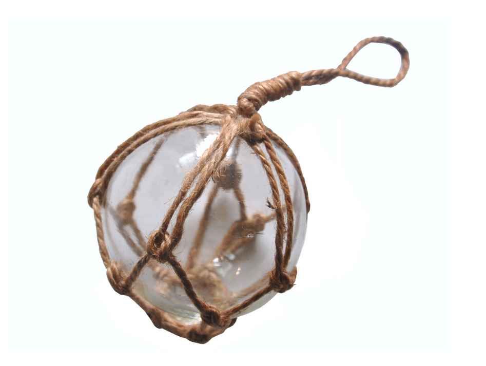 Clear Japanese Glass Ball Fishing Float With Brown Netting Decoration 3"