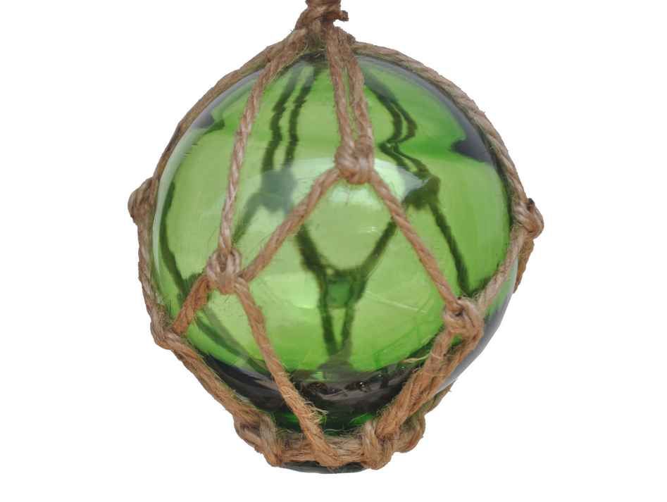 Green Japanese Glass Ball Fishing Float With Brown Netting Decoration 3"