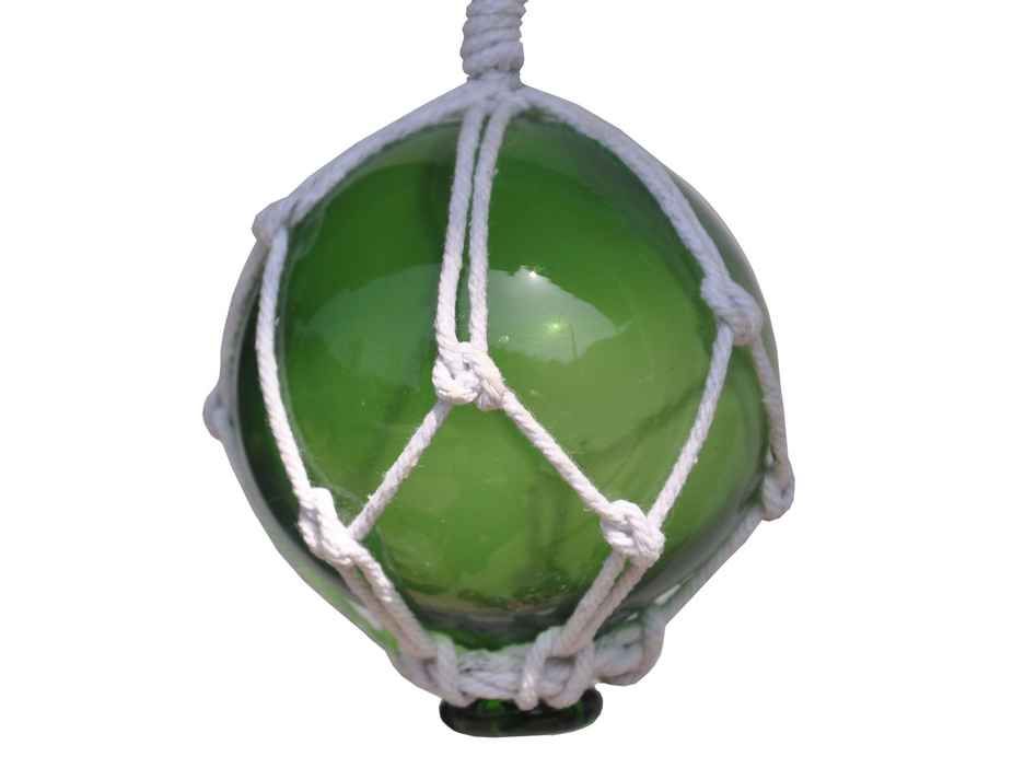 Green Japanese Glass Ball Fishing Float With White Netting Decoration 3"