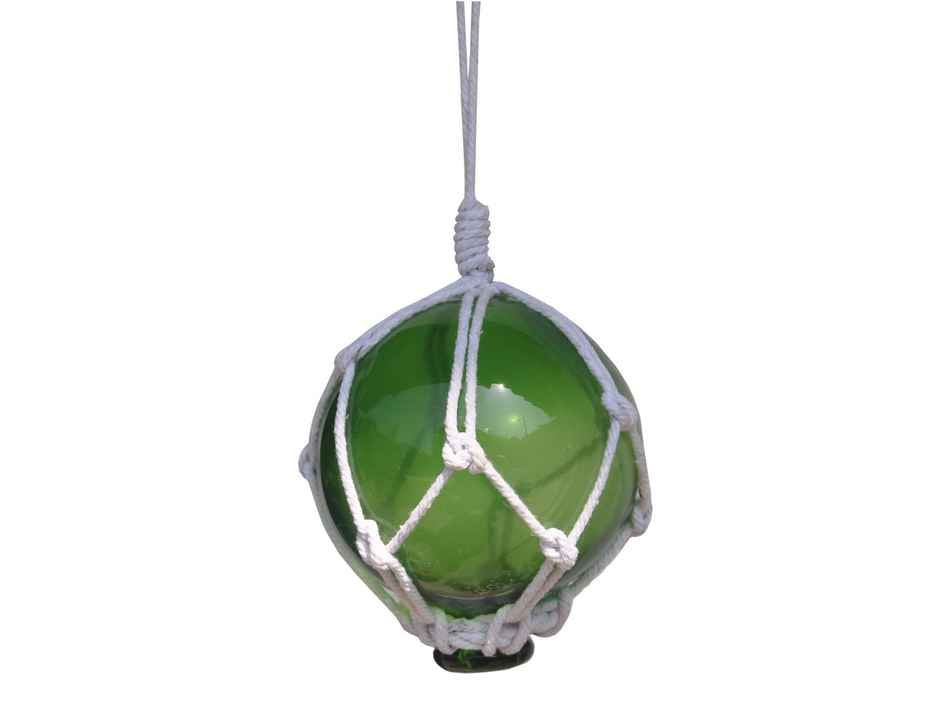 Green Japanese Glass Ball Fishing Float With White Netting Decoration 3"