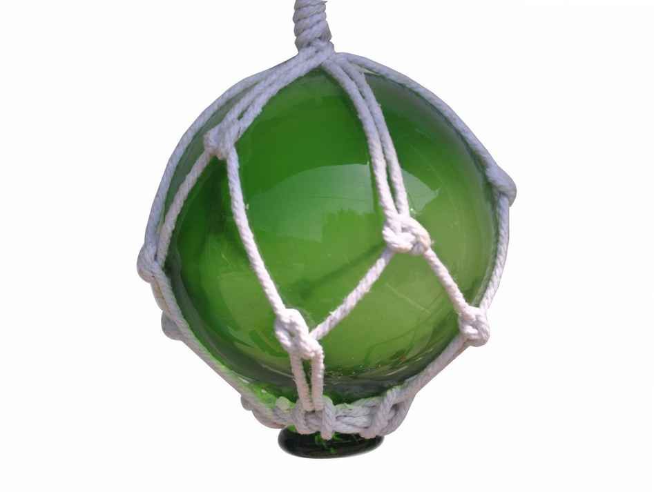 Green Japanese Glass Ball Fishing Float With White Netting Decoration 3"