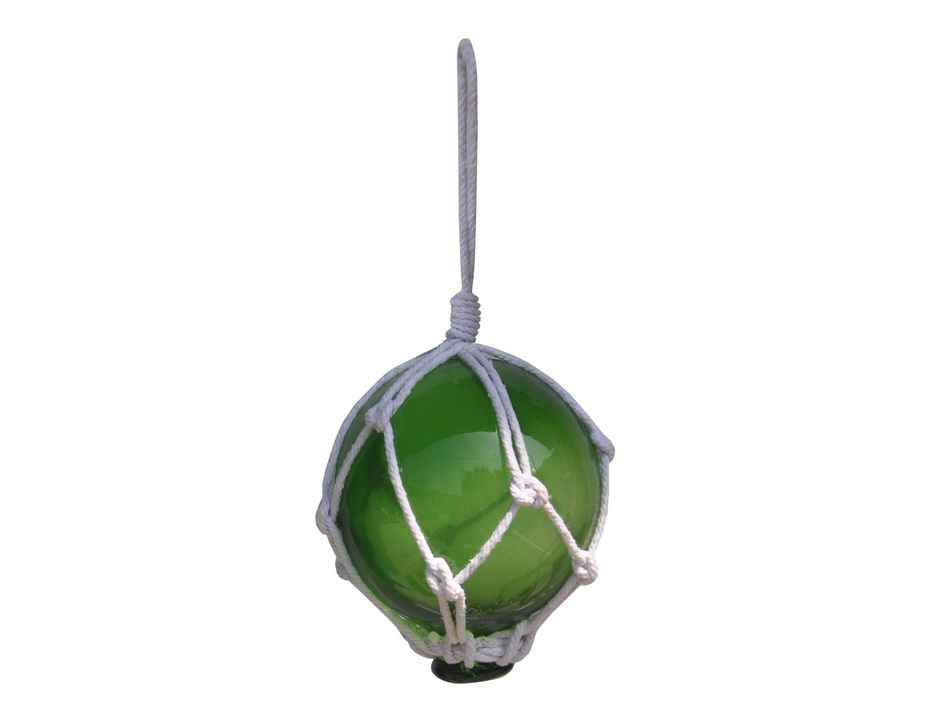 Green Japanese Glass Ball Fishing Float With White Netting Decoration 3"