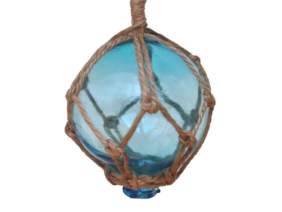 Light Blue Japanese Glass Ball Fishing Float With Brown Netting Decoration 3"
