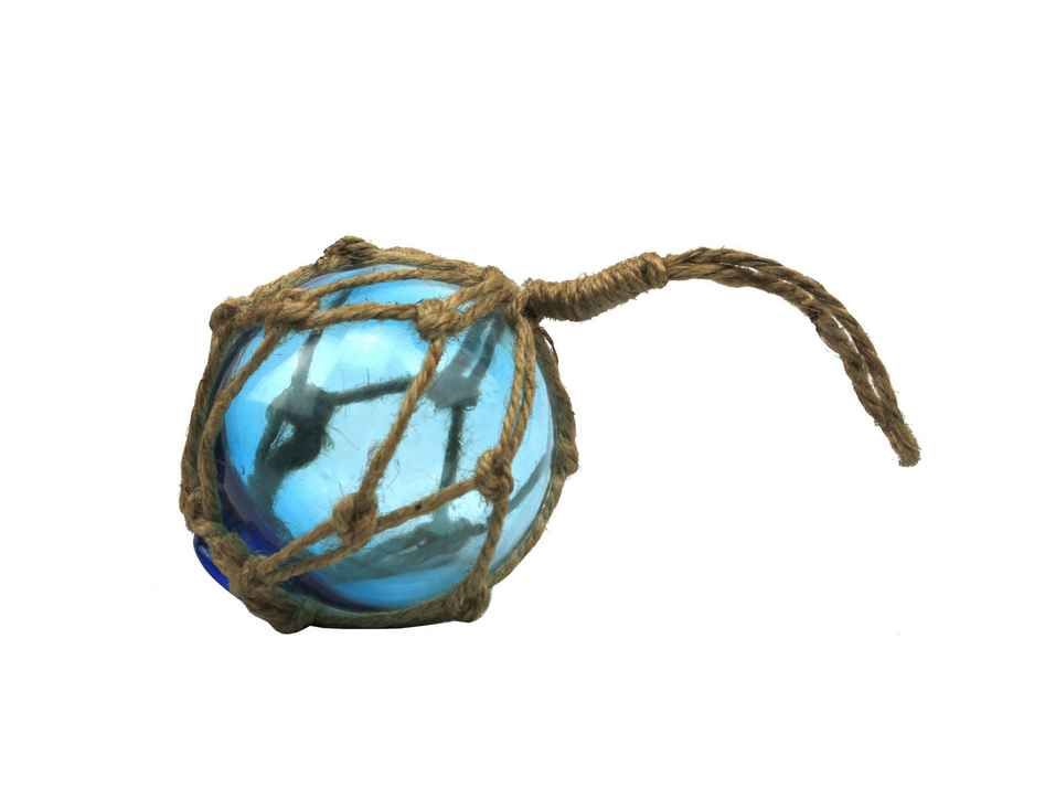 Light Blue Japanese Glass Ball Fishing Float With Brown Netting Decoration 3"