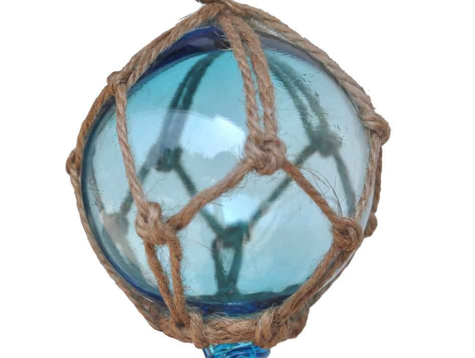 Light Blue Japanese Glass Ball Fishing Float With Brown Netting Decoration 3"