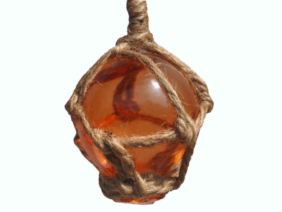 Orange Japanese Glass Ball Fishing Float With Brown Netting Decoration 2"