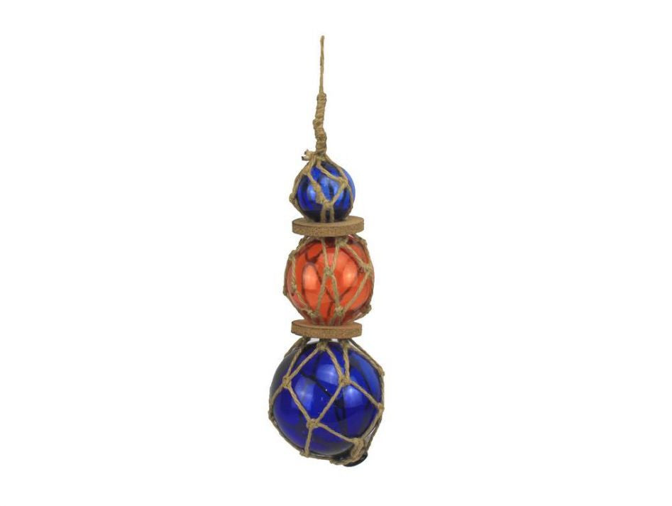 Blue - Orange - Blue Japanese Glass Ball Fishing Floats with Brown Netting Decoration 11"