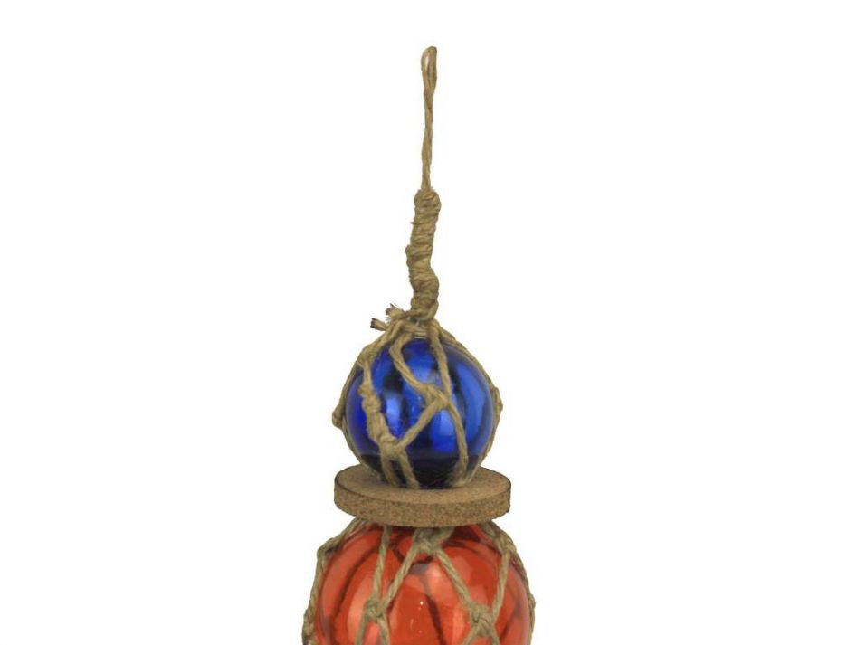 Blue - Orange - Blue Japanese Glass Ball Fishing Floats with Brown Netting Decoration 11"