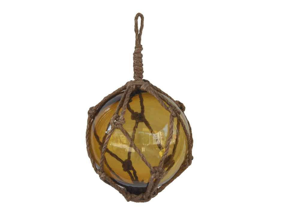 Amber Japanese Glass Ball Fishing Float With Brown Netting Decoration 6"