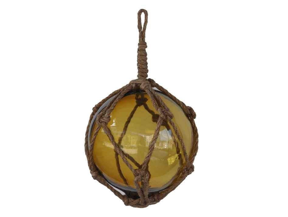 Amber Japanese Glass Ball Fishing Float With Brown Netting Decoration 6"