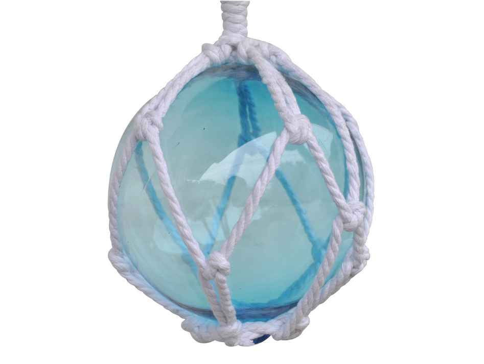 Light Blue Japanese Glass Ball Fishing Float With White Netting Decoration 6"