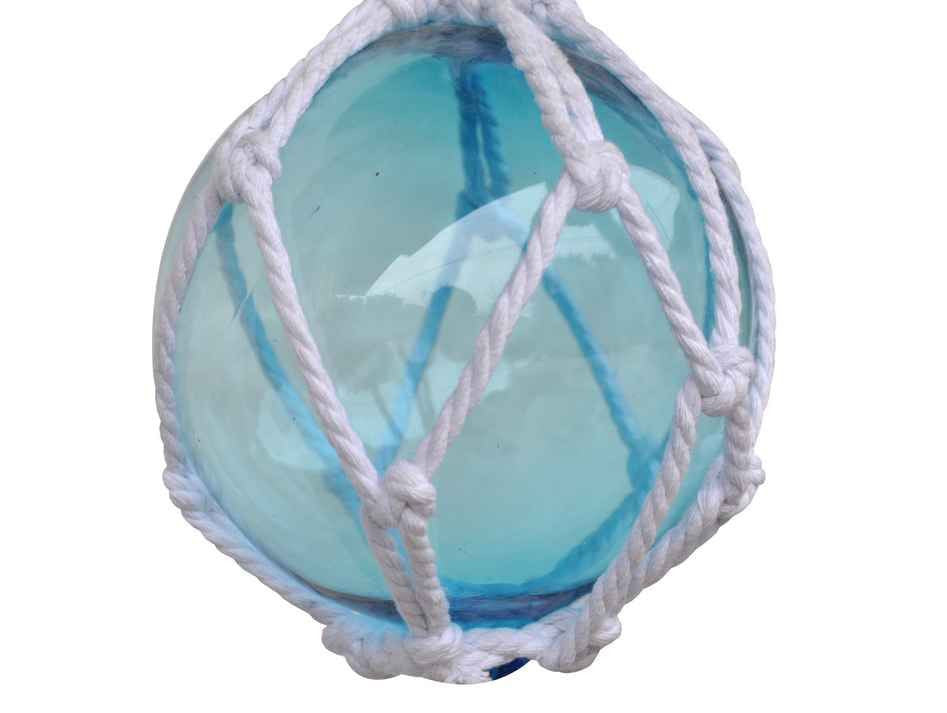 Light Blue Japanese Glass Ball Fishing Float With White Netting Decoration 6"