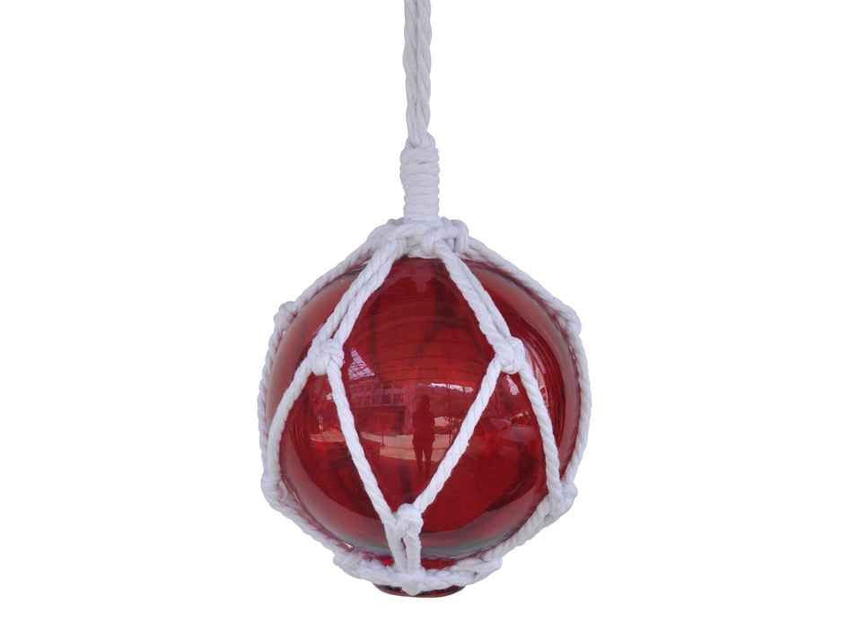 Red Japanese Glass Ball Fishing Float With White Netting Decoration 6"