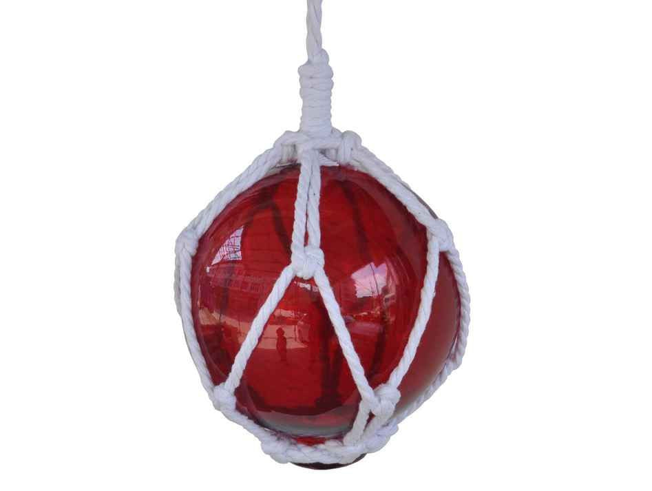 Red Japanese Glass Ball Fishing Float With White Netting Decoration 6"