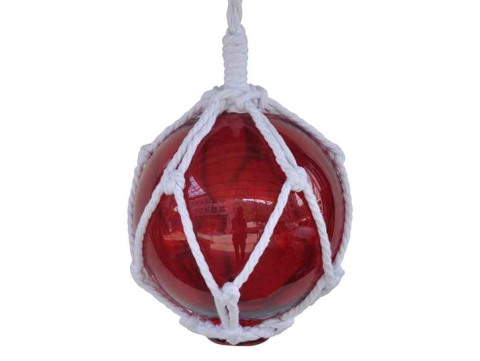 Red Japanese Glass Ball Fishing Float With White Netting Decoration 6"