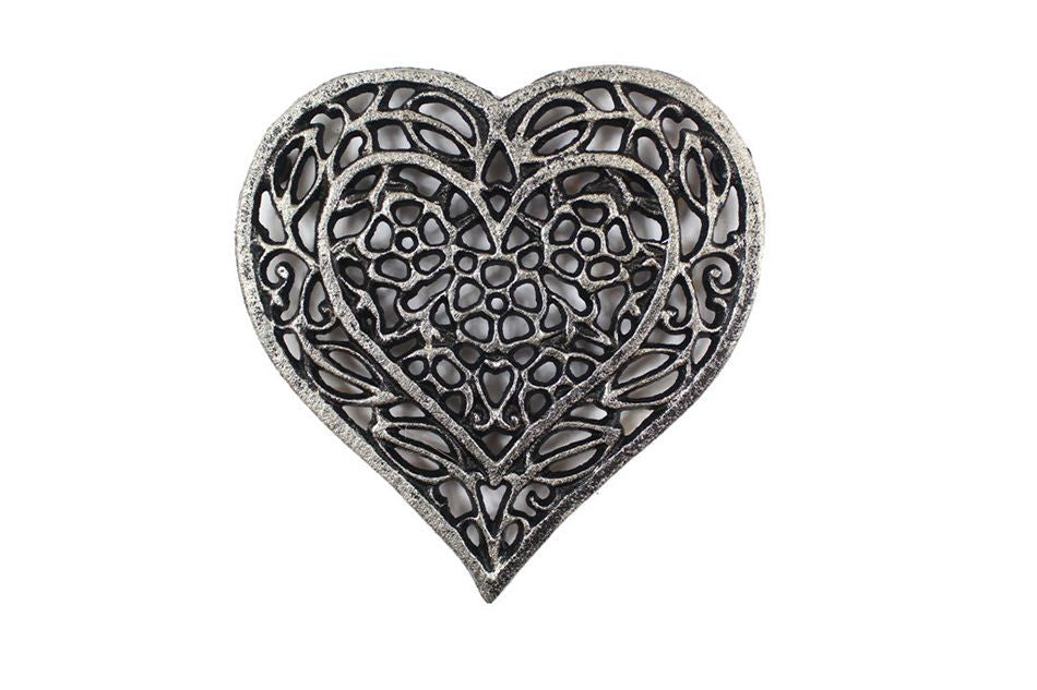 Rustic Silver Cast Iron Heart Shaped Trivet 7"