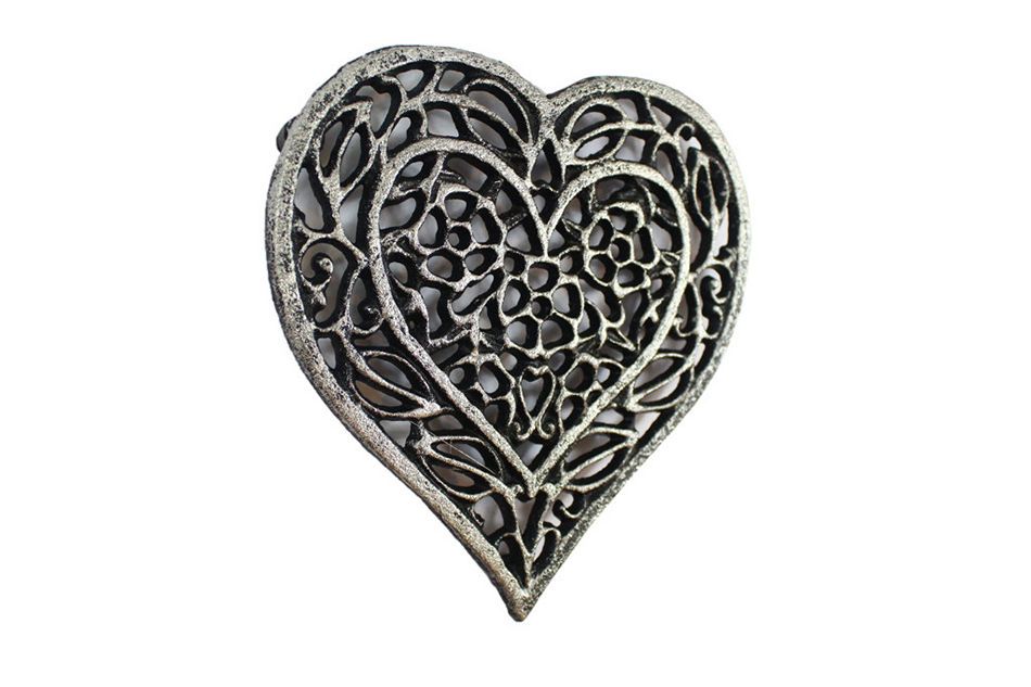 Rustic Silver Cast Iron Heart Shaped Trivet 7"