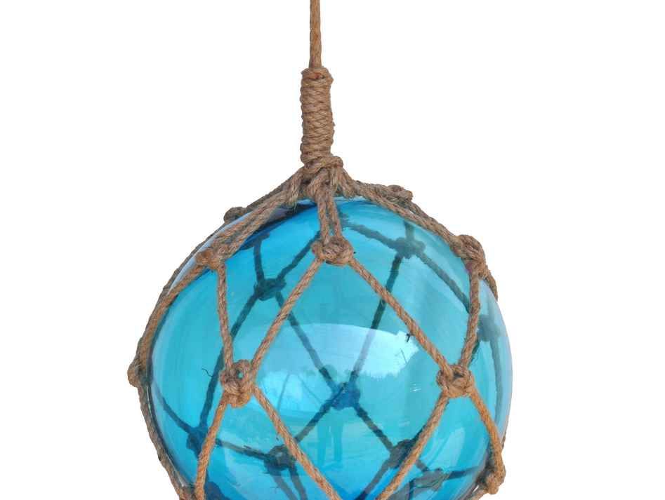 Light Blue Japanese Glass Ball Fishing Float With Brown Netting Decoration 12"