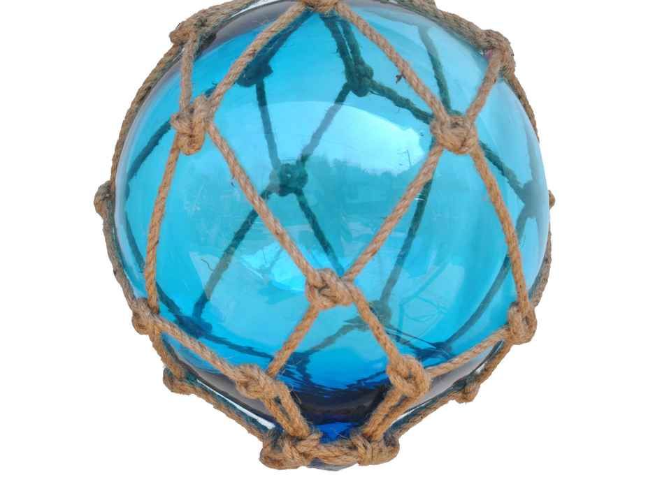 Light Blue Japanese Glass Ball Fishing Float With Brown Netting Decoration 12"