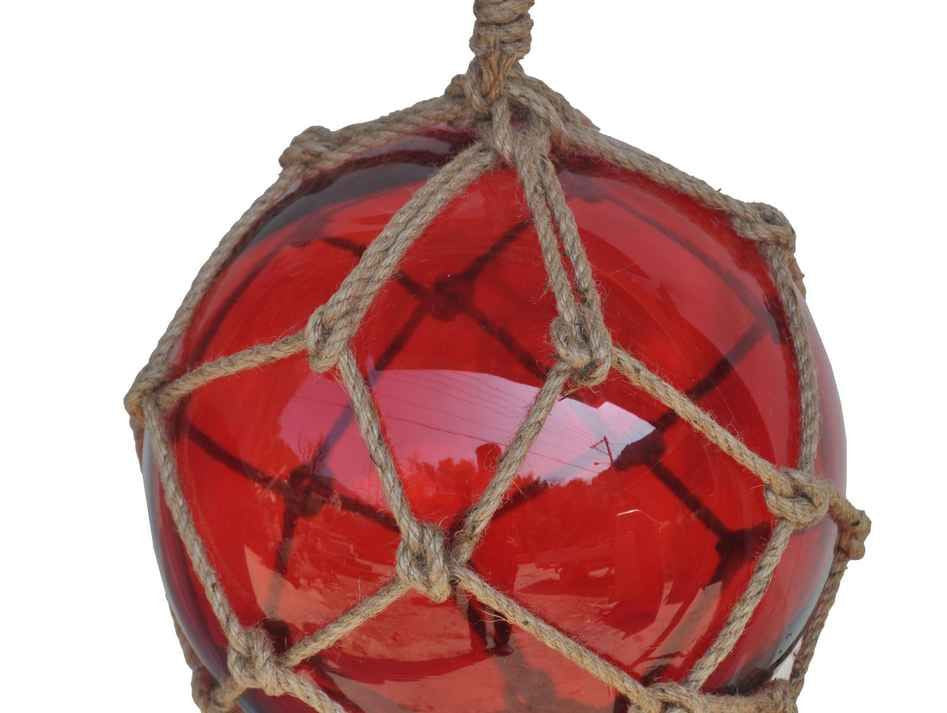Red Japanese Glass Ball Fishing Float With Brown Netting Decoration 12"