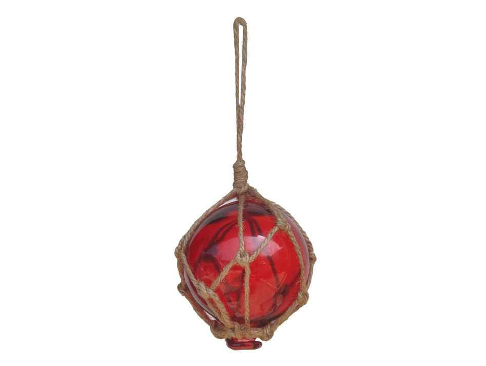 Red Japanese Glass Ball Fishing Float With Brown Netting Decoration 3"