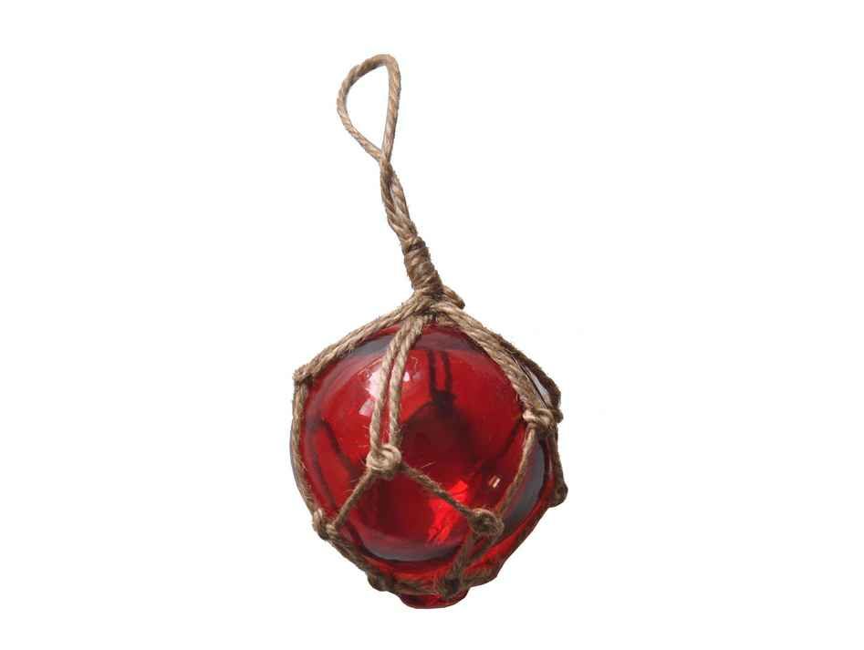 Red Japanese Glass Ball Fishing Float With Brown Netting Decoration 3"