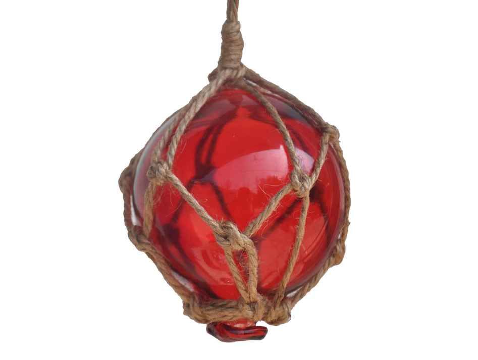 Red Japanese Glass Ball Fishing Float With Brown Netting Decoration 3"